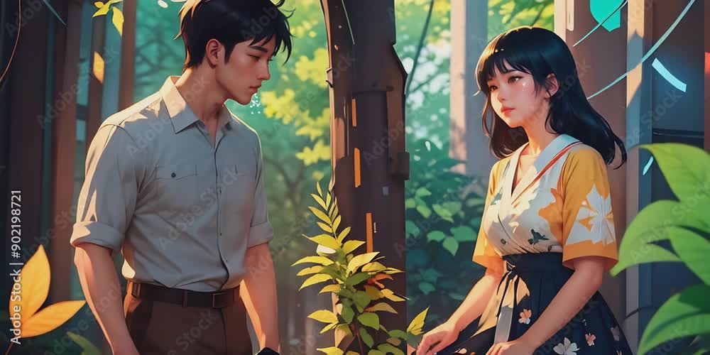 slow motion Anime couple in love Leaves rustling sunbeams shifting seamless loop animation