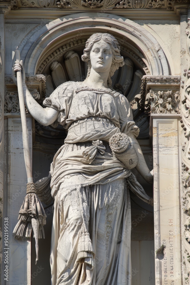 Statue of a Goddess of Wisdom and Knowledge, holding a scroll and a quill pen, standing in an ornate architectural frame. Statue of a Goddess of Wisdom and Knowledge, holding a scroll and a quill pen, standing in an ornate architectural frame.
