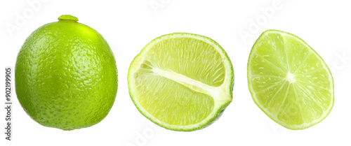 Fresh lime isolated on white, collage. Whole, half and slice