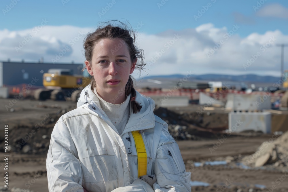 Woman in white coat standing in construction site with bulldozer in background. Woman in white coat standing in construction site with bulldozer in background.
