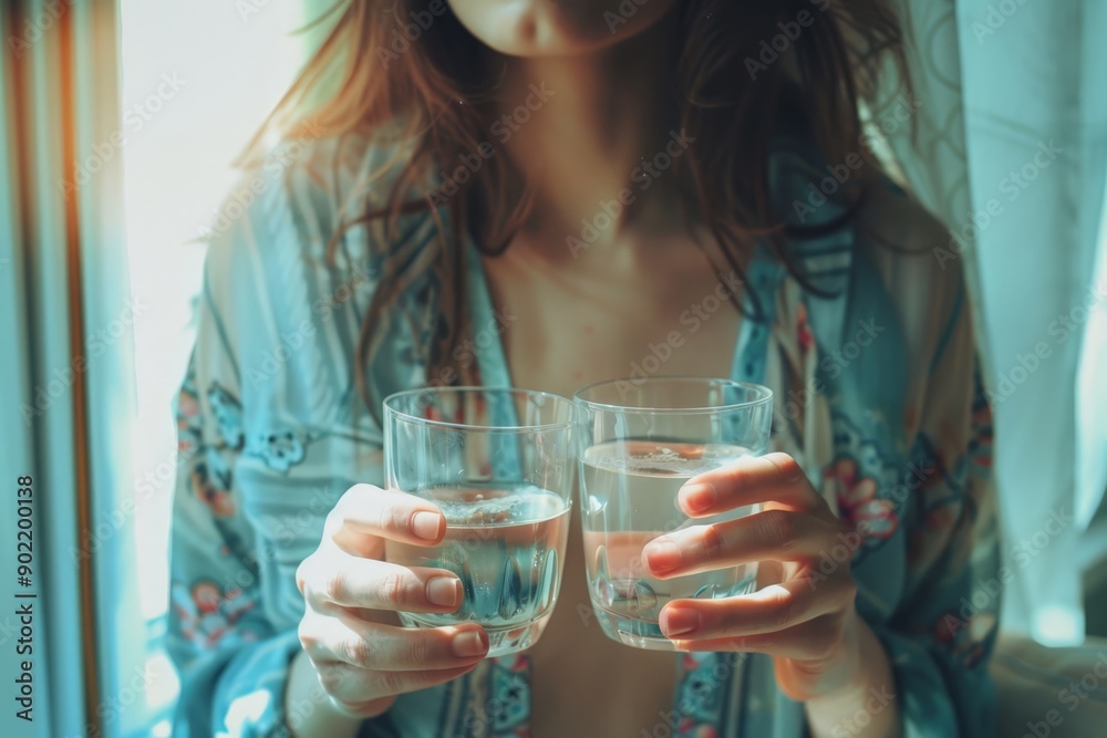 Woman's Hands Holding Two Glasses of Water