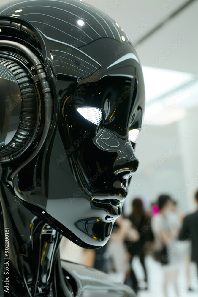 Fototapeta premium Sleek Robot Head with Glowing Eyes in a Blurred Room