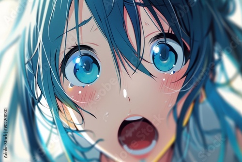 Stylized Anime Character with Expressive Eyes and Open Mouth, Set Against a Soft Blurred Background