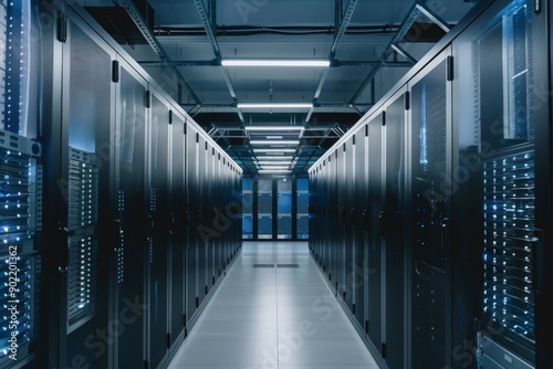 Modern Data Center: Rows of Server Racks with Blue Lights