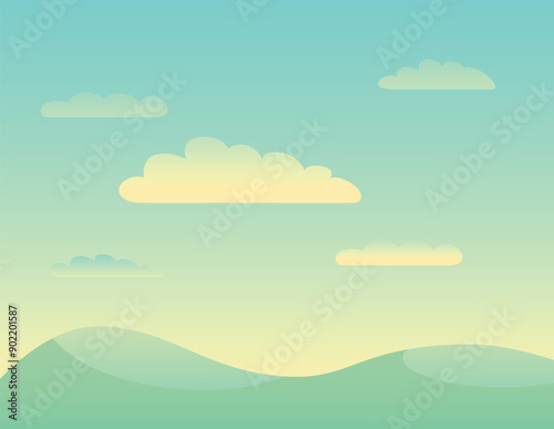 Beautiful landscape illustration featuring green rolling hills stretching under a turquoise sky with puffy clouds