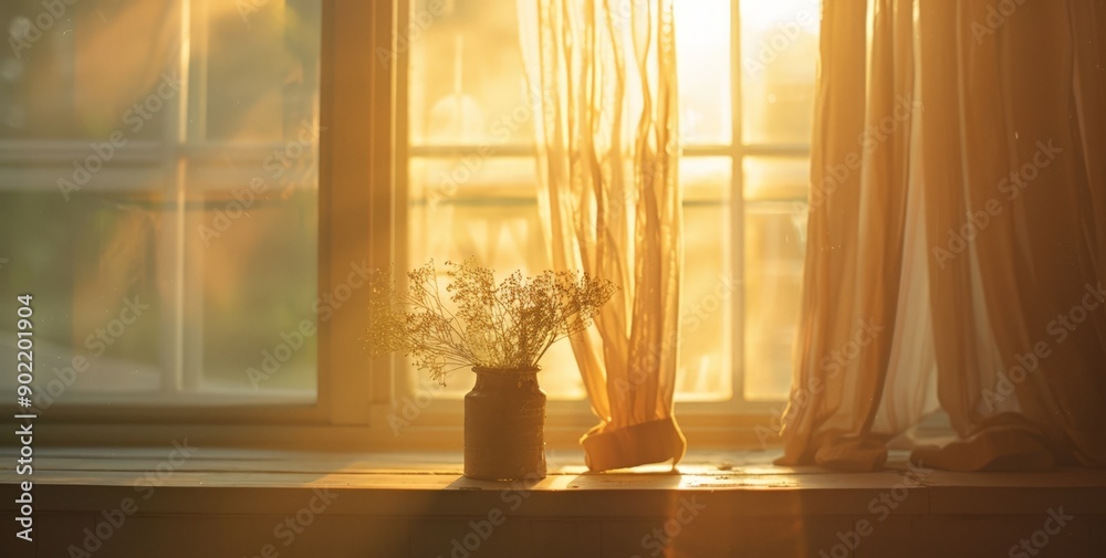 Sunlit Window with Dried Flowers and Open Curtains Sunlit Window with Dried Flowers and Open Curtains