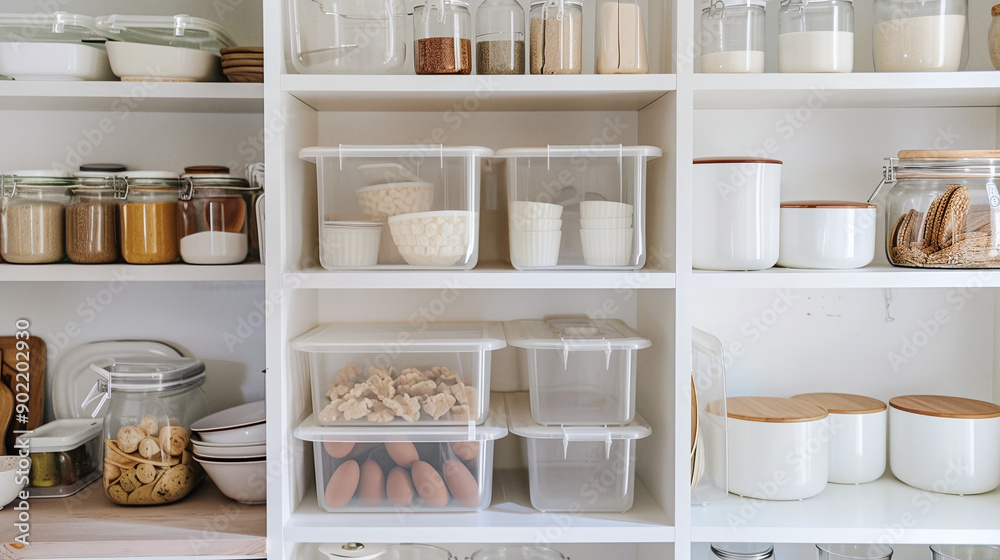 A bright and airy minimalist pantry with transparent storage bins neatly arranged on white shelves A bright and airy minimalist pantry with transparent storage bins neatly arranged on white shelves