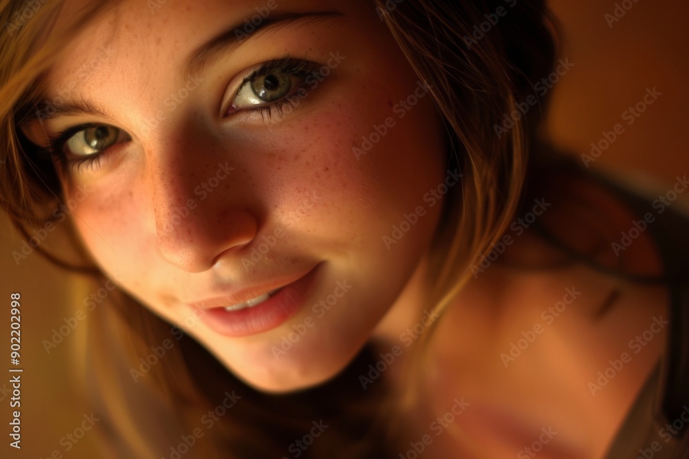 Smiling Woman with Blue Eyes, Blurred Background