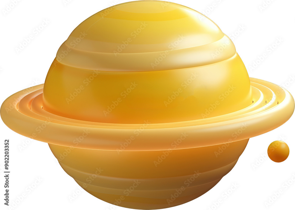 A yellow planet with rings and a small moon. A yellow planet with rings and a small moon.