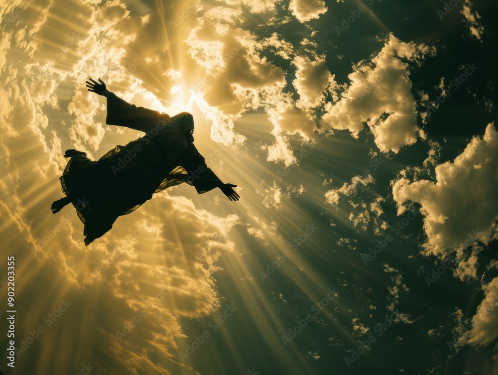 figure cloaked in white rises into a sky filled with golden light and clouds, arms outstretched, as the sun shines down. figure cloaked in white rises into a sky filled with golden light and clouds, arms outstretched, as the sun shines down.