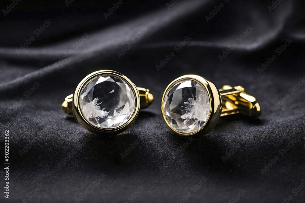 Quartz Cufflinks on Black Velvet: A pair of quartz cufflinks placed on a smooth, black velvet fabric. Quartz Cufflinks on Black Velvet: A pair of quartz cufflinks placed on a smooth, black velvet fabric.