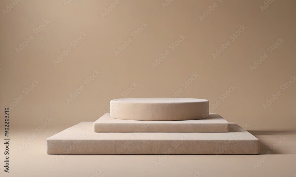 A three-tiered pedestal made of stone sits on a tan background A three-tiered pedestal made of stone sits on a tan background