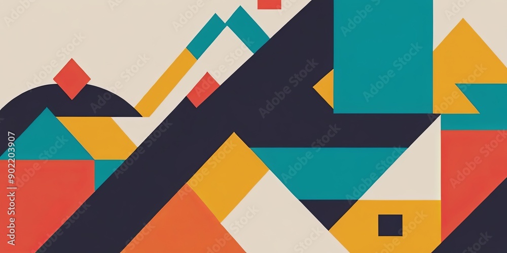 A colorful abstract painting of mountains and houses