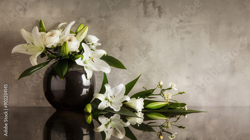 a cremation urn surrounded by a delicate arrangement of white lilies and roses photo