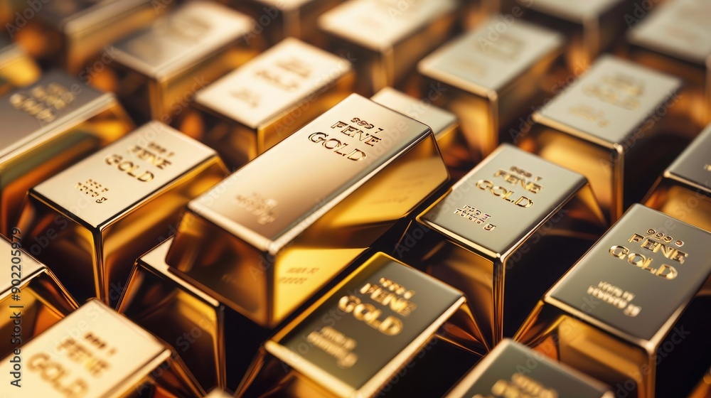 Close-up view of multiple gold bars stacked together, creating an impression of wealth, investment, and financial security.