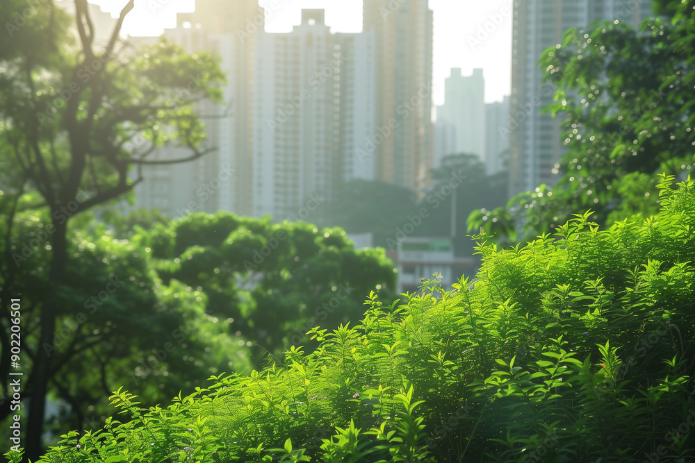 Green Urban Oasis: Lush Vegetation Flourishing Amid City Skyscrapers in a Serene Sunrise Light