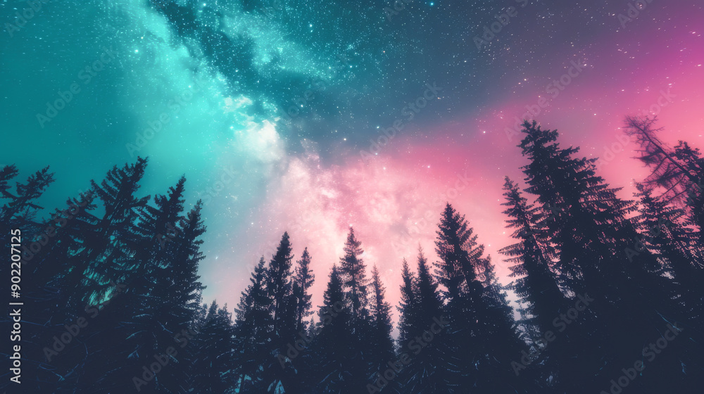 Fototapeta premium Vibrant night sky showcases a stunning display of stars and colorful auroras framed by towering silhouettes of pine trees.