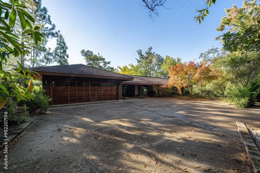 Modern Residential Driveway with Tree-lined Street and Clear Sky Modern Residential Driveway with Tree-lined Street and Clear Sky