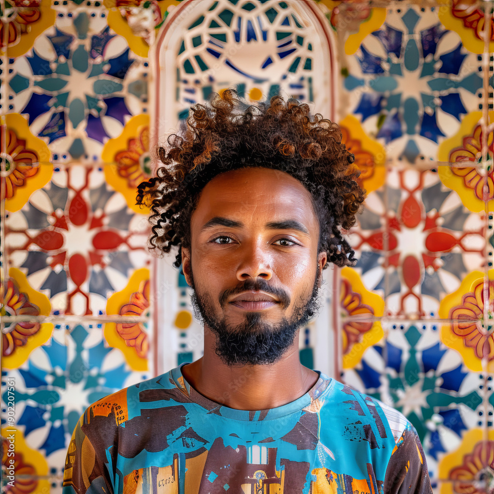A portrait of an African man with curly hair and beard, standing in front of the colourful tiles, he has a friendly expression that reflects his warmth as he looks directly into the camera A portrait of an African man with curly hair and beard, standing in front of the colourful tiles, he has a friendly expression that reflects his warmth as he looks directly into the camera