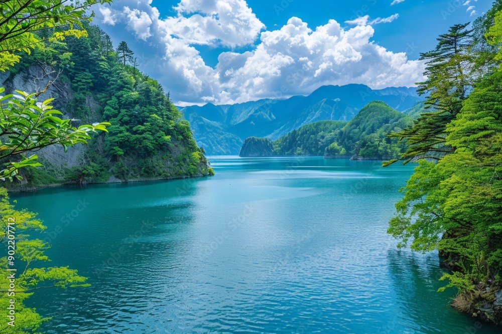 Serene Mountain Lake Amidst Fluffy Clouds Serene Mountain Lake Amidst Fluffy Clouds