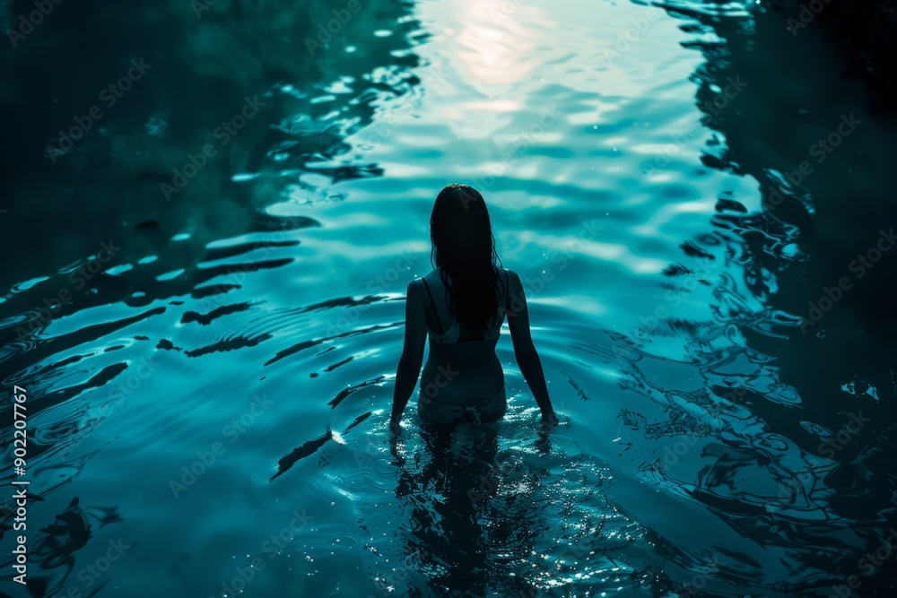 Fototapeta premium Woman Contemplating in Calm Lake at Dusk