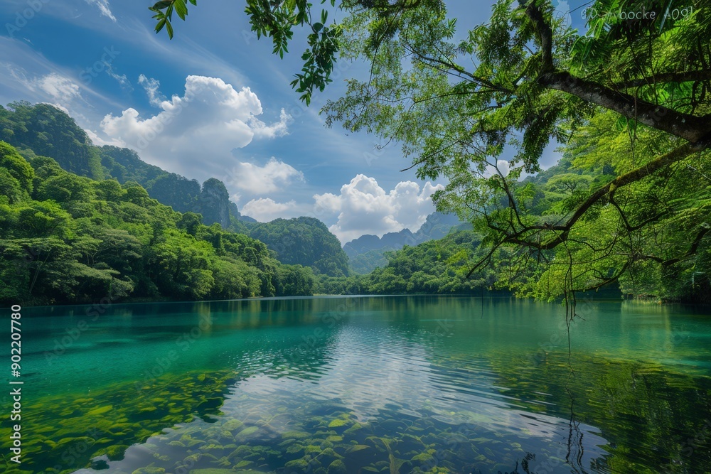Serene Mountain Lake under Blue Sky