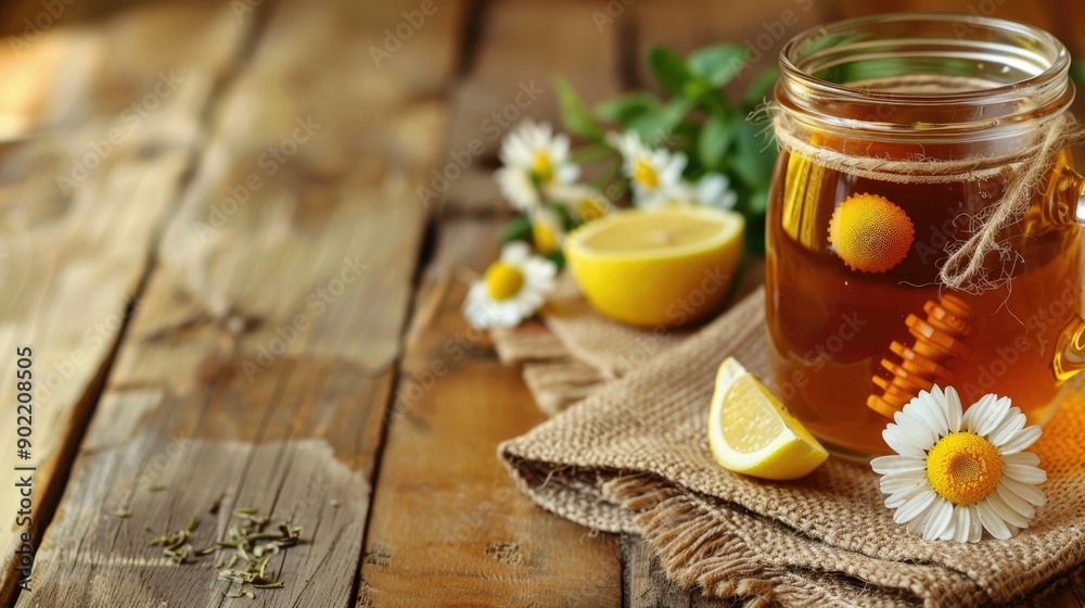Soothing chamomile tea with honey and lemon on a brown table Soothing chamomile tea with honey and lemon on a brown table