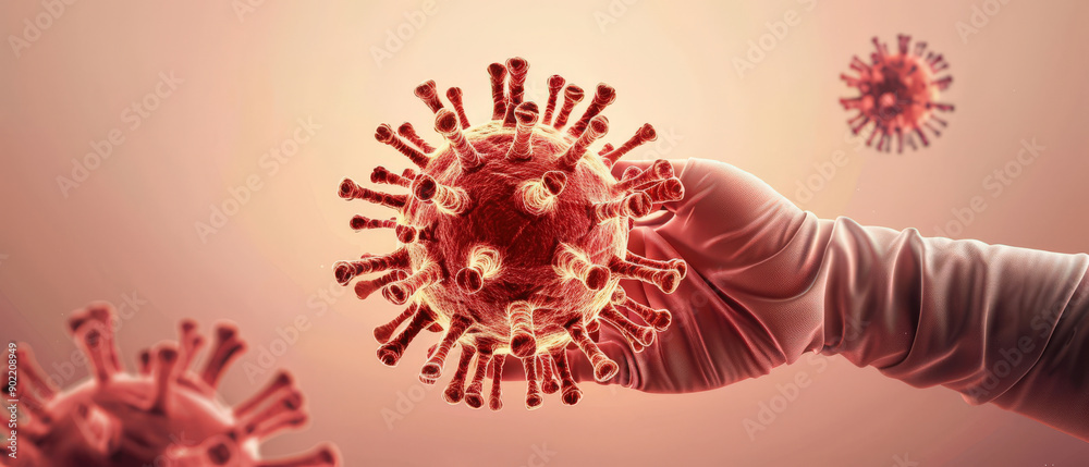 A close-up view of a hand holding a virus model, highlighting the importance of health and safety during pandemics.