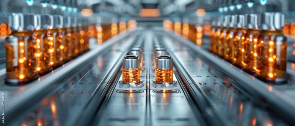 Close-up view of glass vials filled with orange liquid on a production line in a modern pharmaceutical facility. Close-up view of glass vials filled with orange liquid on a production line in a modern pharmaceutical facility.