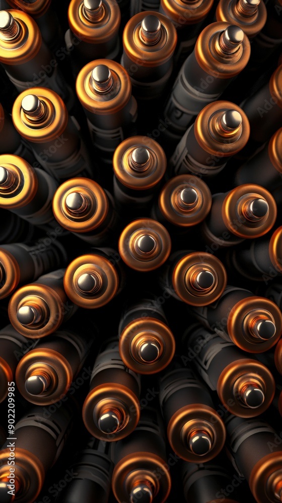 Close-up view of numerous batteries arranged in an intricate pattern, showcasing their copper and black design. Close-up view of numerous batteries arranged in an intricate pattern, showcasing their copper and black design.