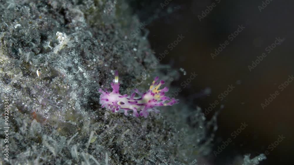A brightly colored nudibranch crawls across the seaweed-covered seabed, swaying from side to side.
Shaggy Aegires (Aegires villosus) 12 mm. ID: tubercles with globular red or dark purple tips. A brightly colored nudibranch crawls across the seaweed-covered seabed, swaying from side to side.
Shaggy Aegires (Aegires villosus) 12 mm. ID: tubercles with globular red or dark purple tips.