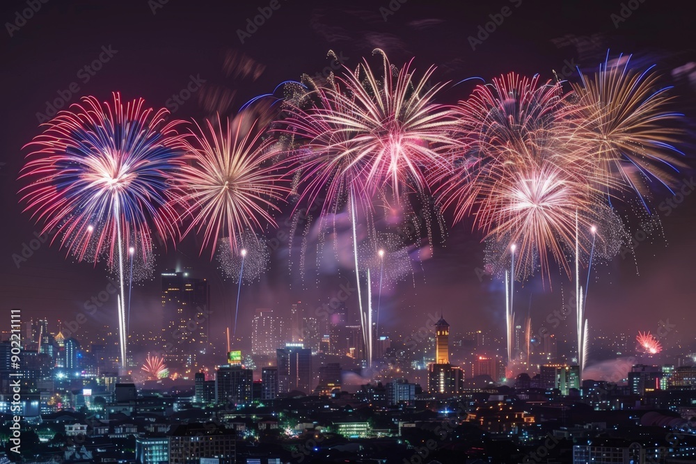 Celebratory Fireworks Illuminating City Skyline at Night Celebratory Fireworks Illuminating City Skyline at Night