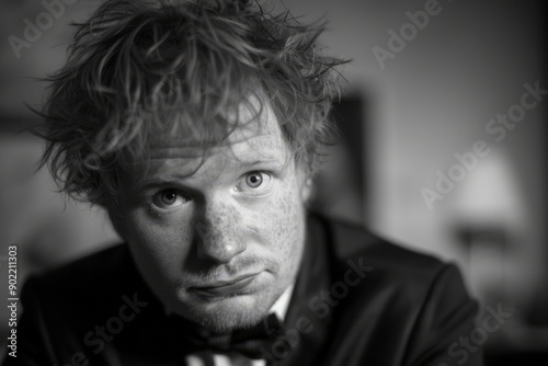 Hipster Man with Messy Hair and Bow Tie, Looking Serious