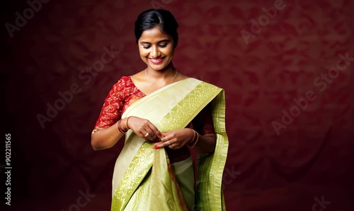 Portrait of a smiling Indian woman in saree on red background