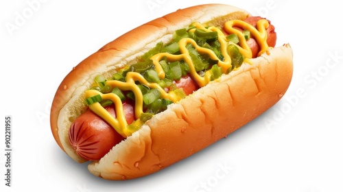 Appetizing hot dog with mustard and relish on a fresh bun, isolated on white background, showcasing classic American fast food.