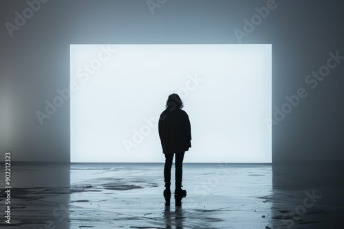 Contemplative Figure in Empty Room with Minimalist Lighting