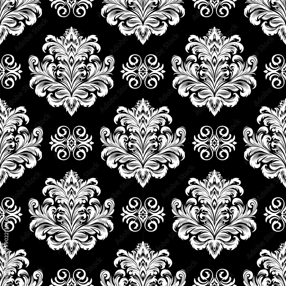 Fototapeta premium Seamless damask pattern,white ornate on black blackground.