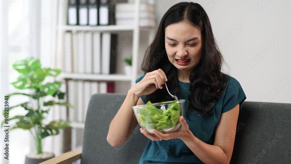 A young Asian woman who eats vegetable salad every day is bored with vegetables. Unhappy women is on dieting time looking vegetable on the fork. girl do not want to eat vegetables and dislike taste. A young Asian woman who eats vegetable salad every day is bored with vegetables. Unhappy women is on dieting time looking vegetable on the fork. girl do not want to eat vegetables and dislike taste.