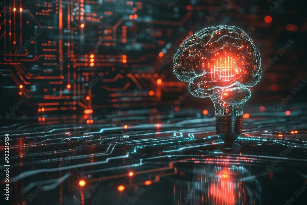 Neon brain light in a futuristic setting representing modern innovation and creative technology Neon brain light in a futuristic setting representing modern innovation and creative technology