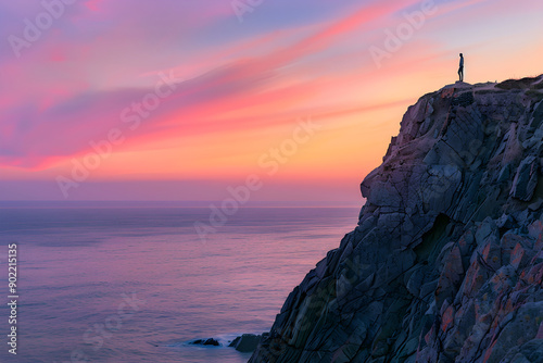 Solitary Contemplation at Sunset on a Cliff Overlooking a Serene Ocean photo