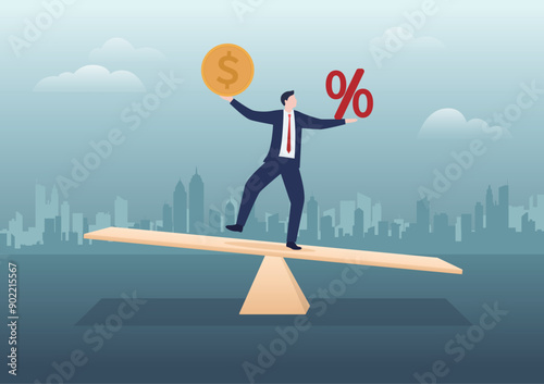 Control interest rate adjustments due to rising inflation. Business people holding percentage and money trying to keep balance on seesaw.