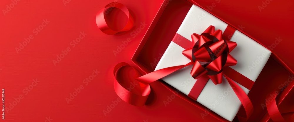 A White Open Gift Box With A Red Ribbon, A Minimal 3D Design On A Red Background, Conveying Elegance A White Open Gift Box With A Red Ribbon, A Minimal 3D Design On A Red Background, Conveying Elegance