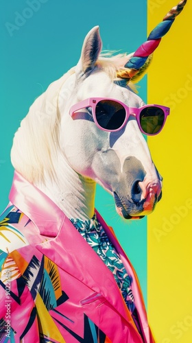 Unicorn wearing sunglasses and tropical shirt on vibrant background