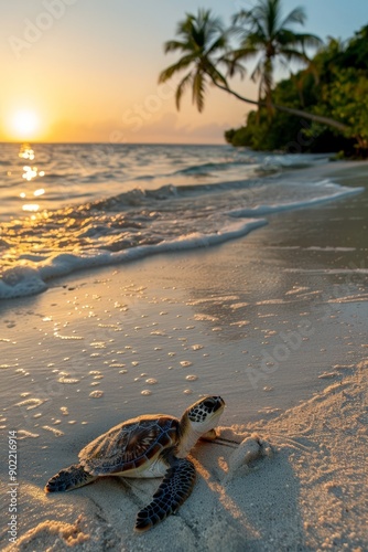 Turtle on the beach at sunset