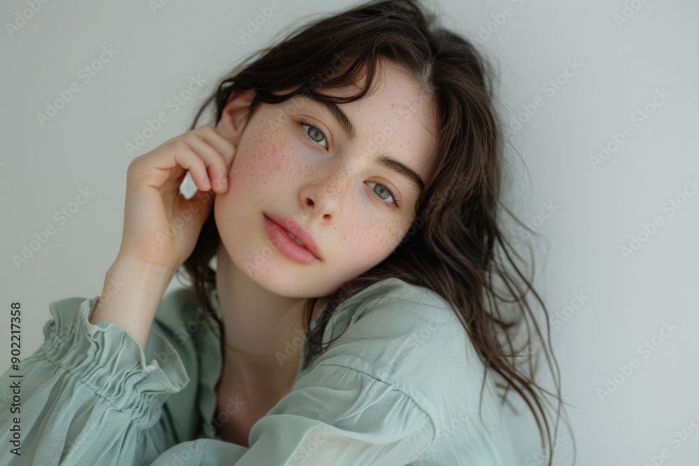 Thoughtful Woman in a Soft Light, Pensive Expression, Casual Blouse, Ruffled Sleeve, Neutral Background Thoughtful Woman in a Soft Light, Pensive Expression, Casual Blouse, Ruffled Sleeve, Neutral Background