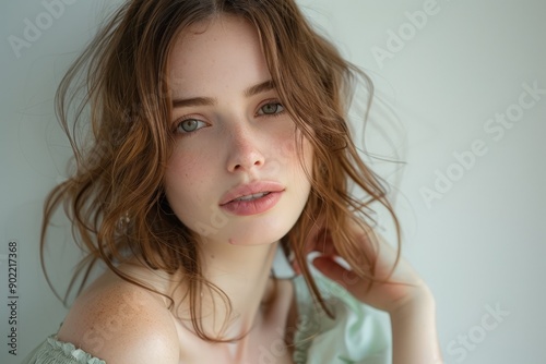 the image features a young woman with a gentle and serene expression her hair styled in loose waves 