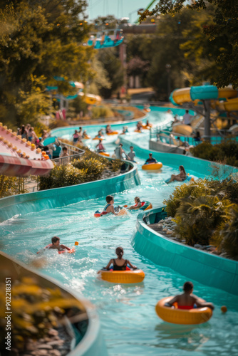 People enjoying a sunny day floating down a lazy river in an amusement park