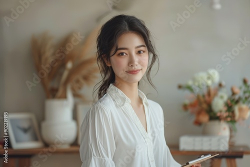Smiling Woman in Office with Potted Plant and Clipboard