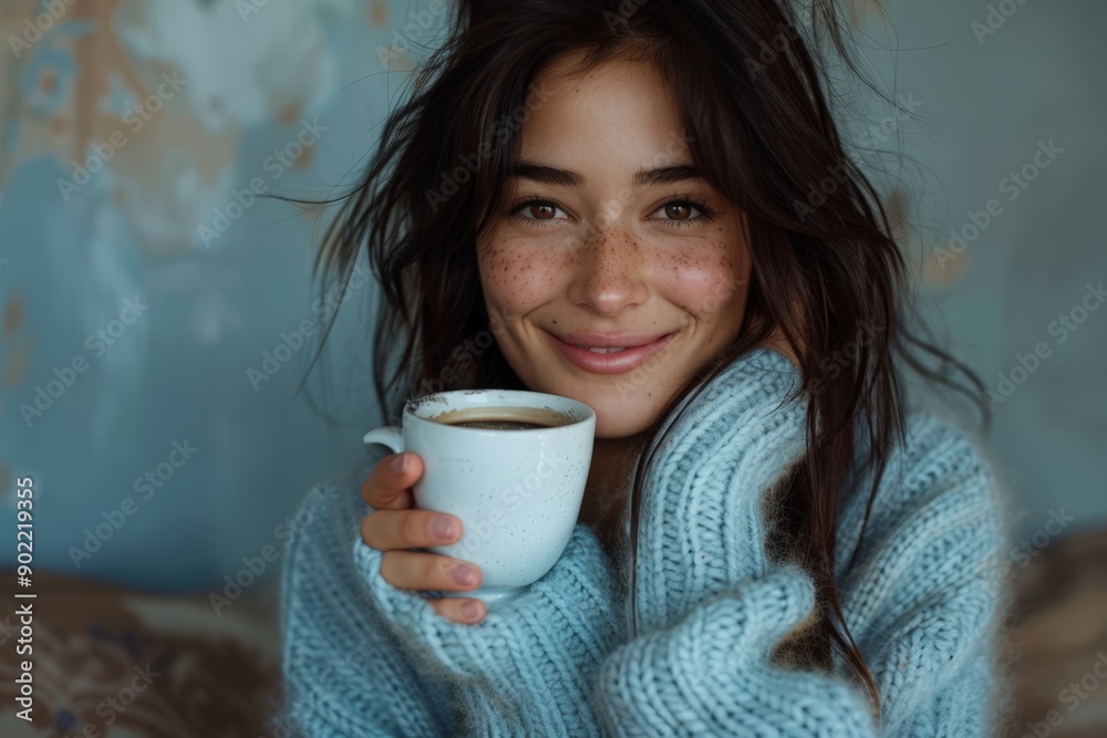 Smiling Woman Sipping Coffee, Cozy in Blue Sweater Smiling Woman Sipping Coffee, Cozy in Blue Sweater