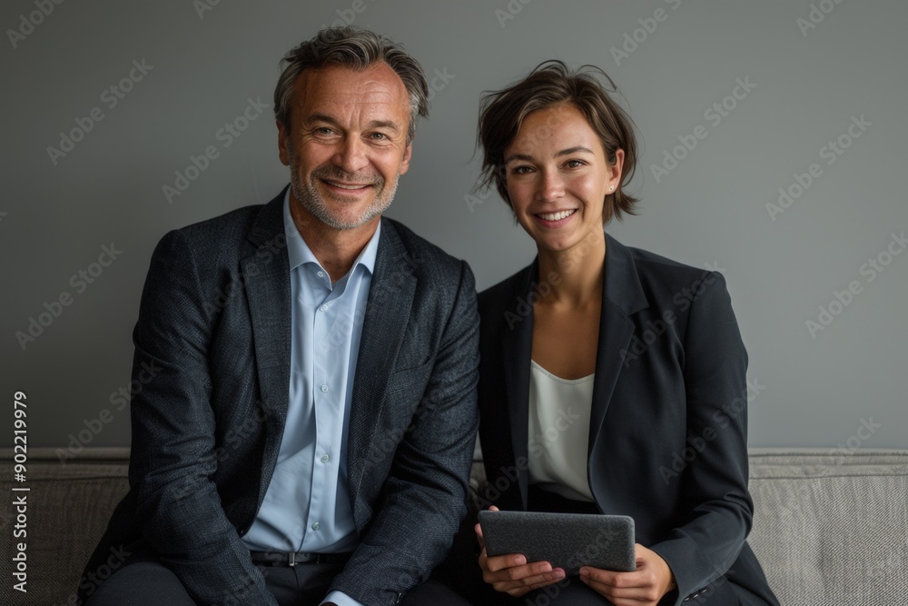 Business Professional and Woman in Suits, Smiling and Posing with Tablet Business Professional and Woman in Suits, Smiling and Posing with Tablet